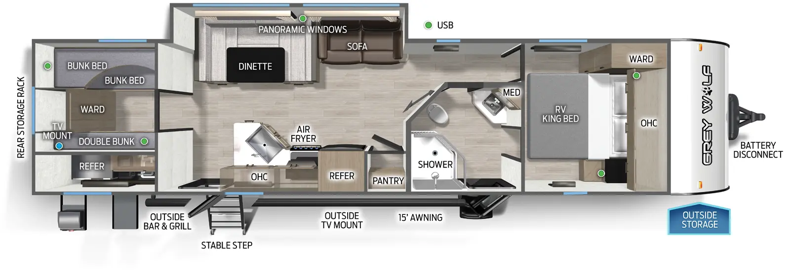The Cherokee Black Label 29TEBL floorplan has two entries and one slide out. Exterior features include: fiberglass exterior, 15' awning and outside kitchen. Interiors features include: bunk beds, u-dinette and front bedroom.